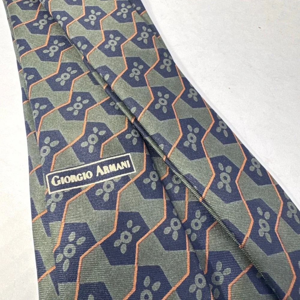 Vintage Giorgio Armani Men's Silk Necktie Green Blue Navy Geometric Classic 1980